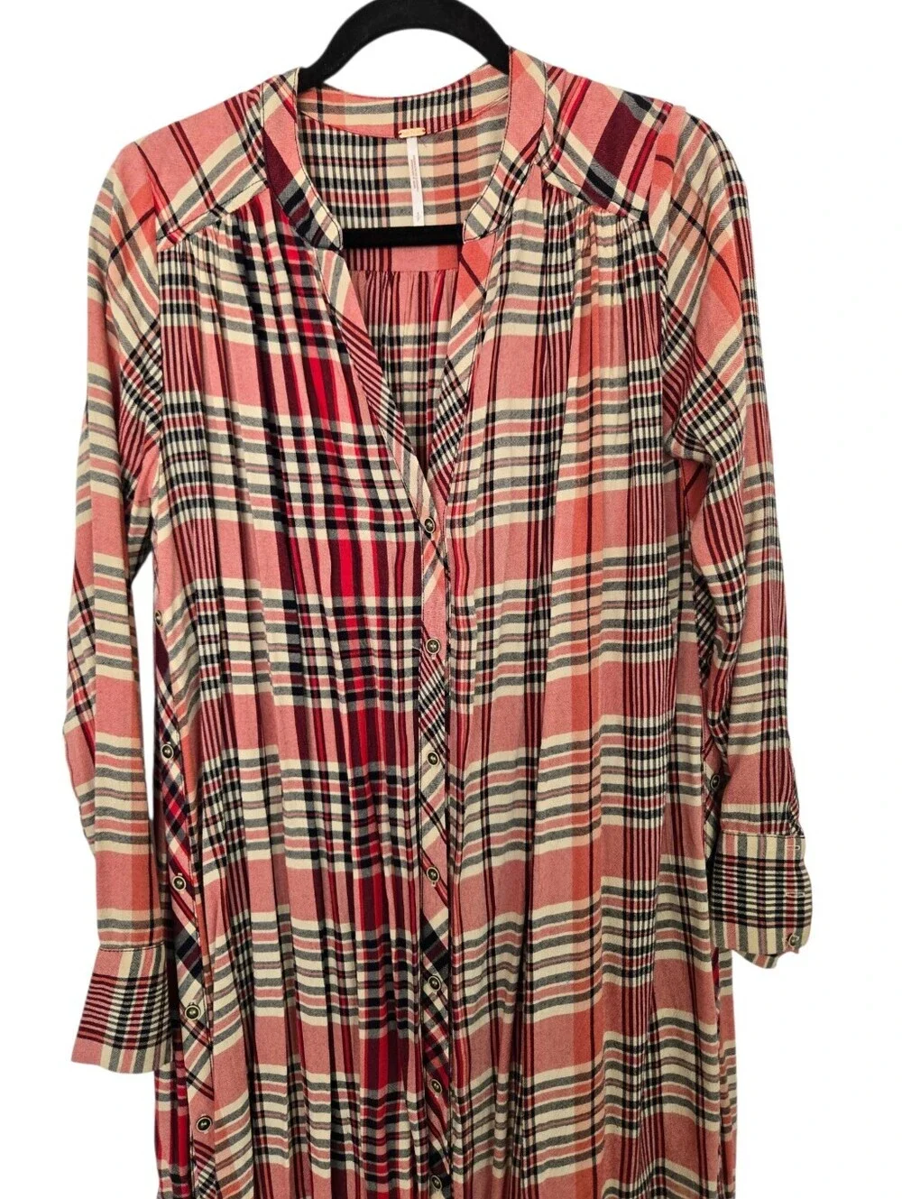 Free People Plaid Midi Shirt Dress | Boho Pink Plaid Button Front Dress | Size S