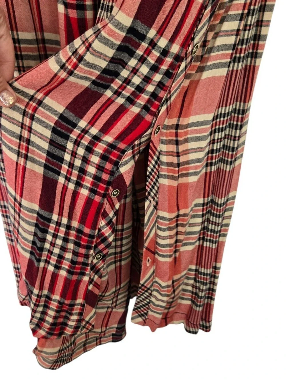 Free People Plaid Midi Shirt Dress | Boho Pink Plaid Button Front Dress | Size S