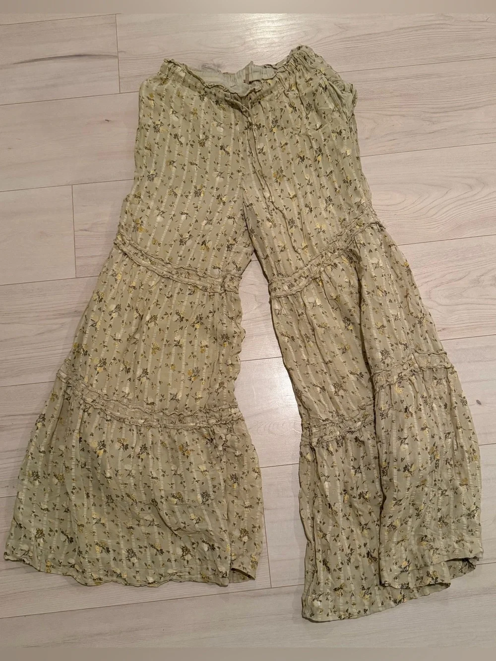 Free People Sage Green Floral Tiered Wide-Leg Pants