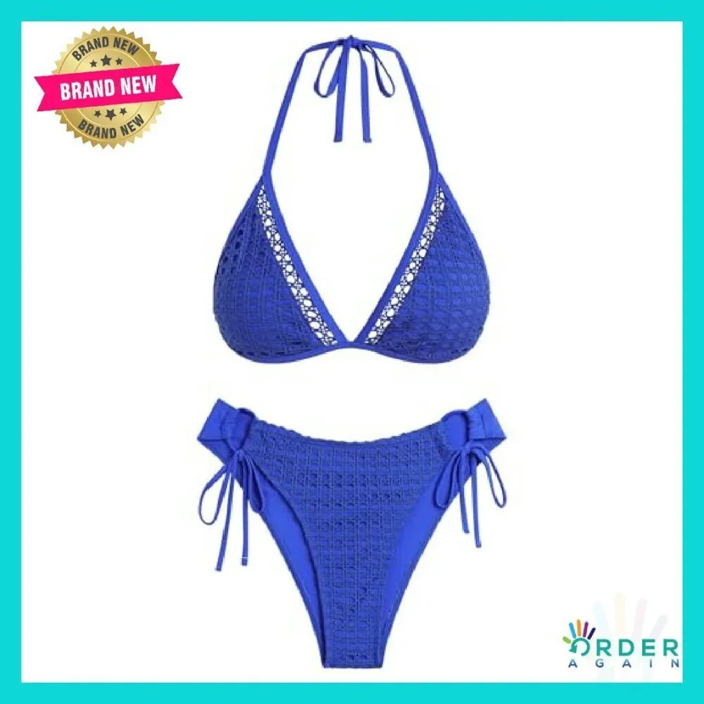 Halter Triangle Bikini Set Crochet Boho Floral Swimsuit Tie Side Two Piece