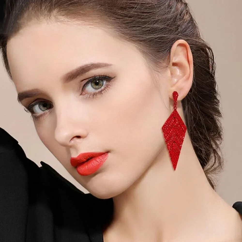 Red with Ruby Red Crystal Rhombus Banquet Chandelier Dangling Post Back Earrings