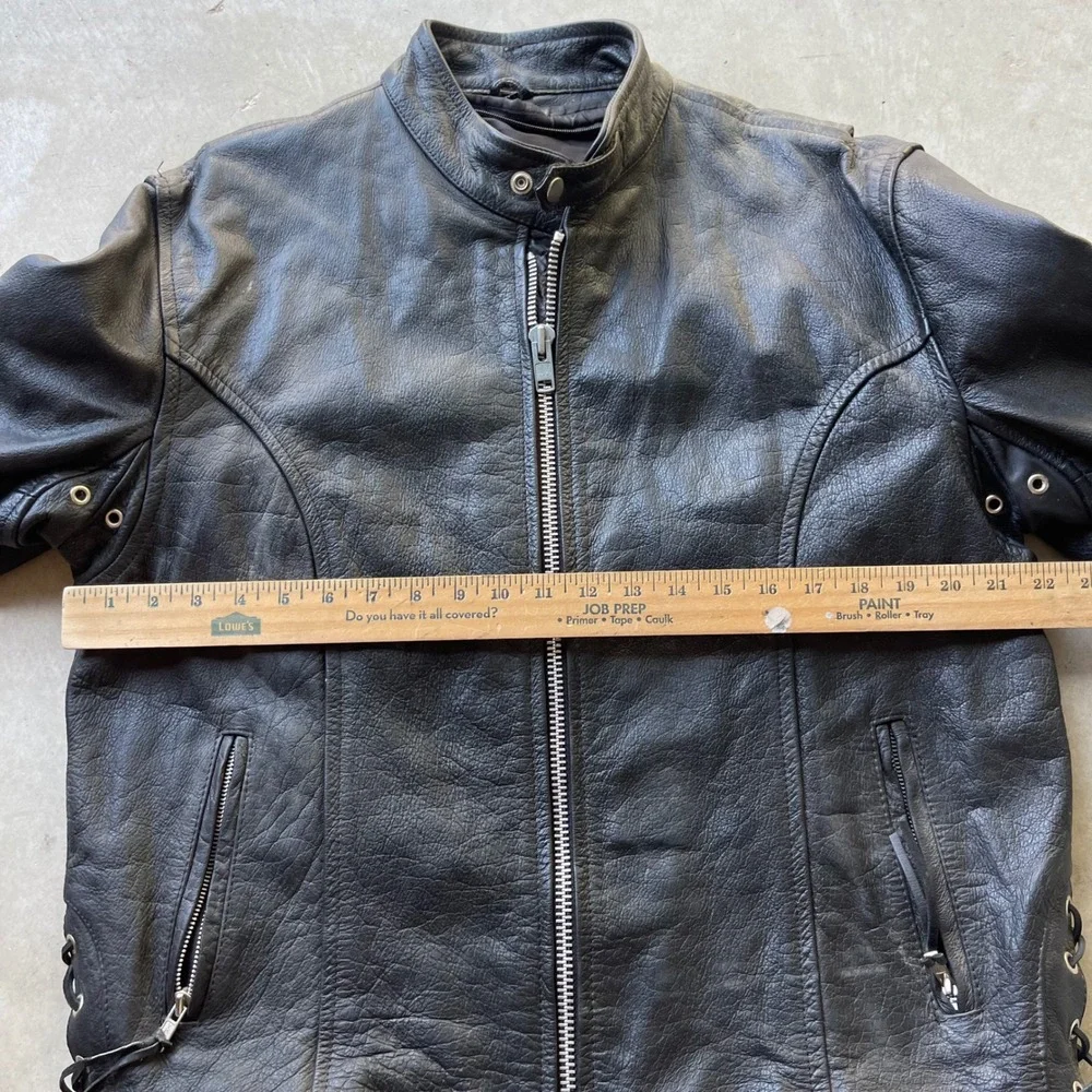 Vintage Black Leather Motorcycle Jacket Cafe Racer Biker Size 44 Lace Up Sides