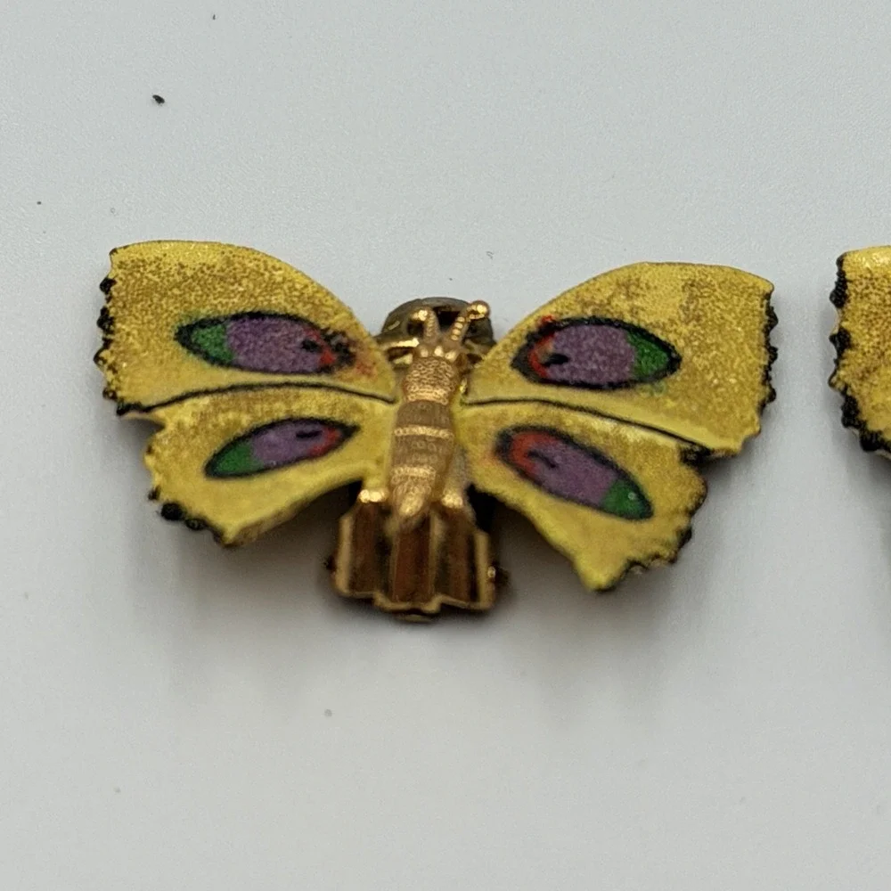 Vtg Butterfly Earrings Sugared Enamel Clip On‎ West Germany Yellow