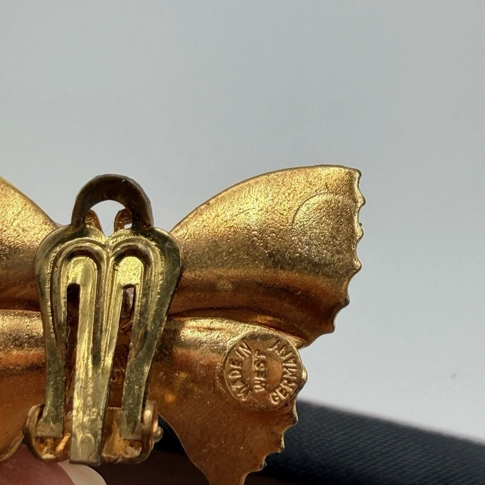 Vtg Butterfly Earrings Sugared Enamel Clip On‎ West Germany Yellow
