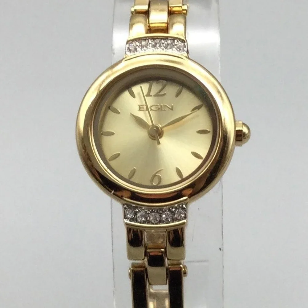 Elgin Womens Watch 20mm Gold Silver Tone Diamond Bracelet New Battery 8.25