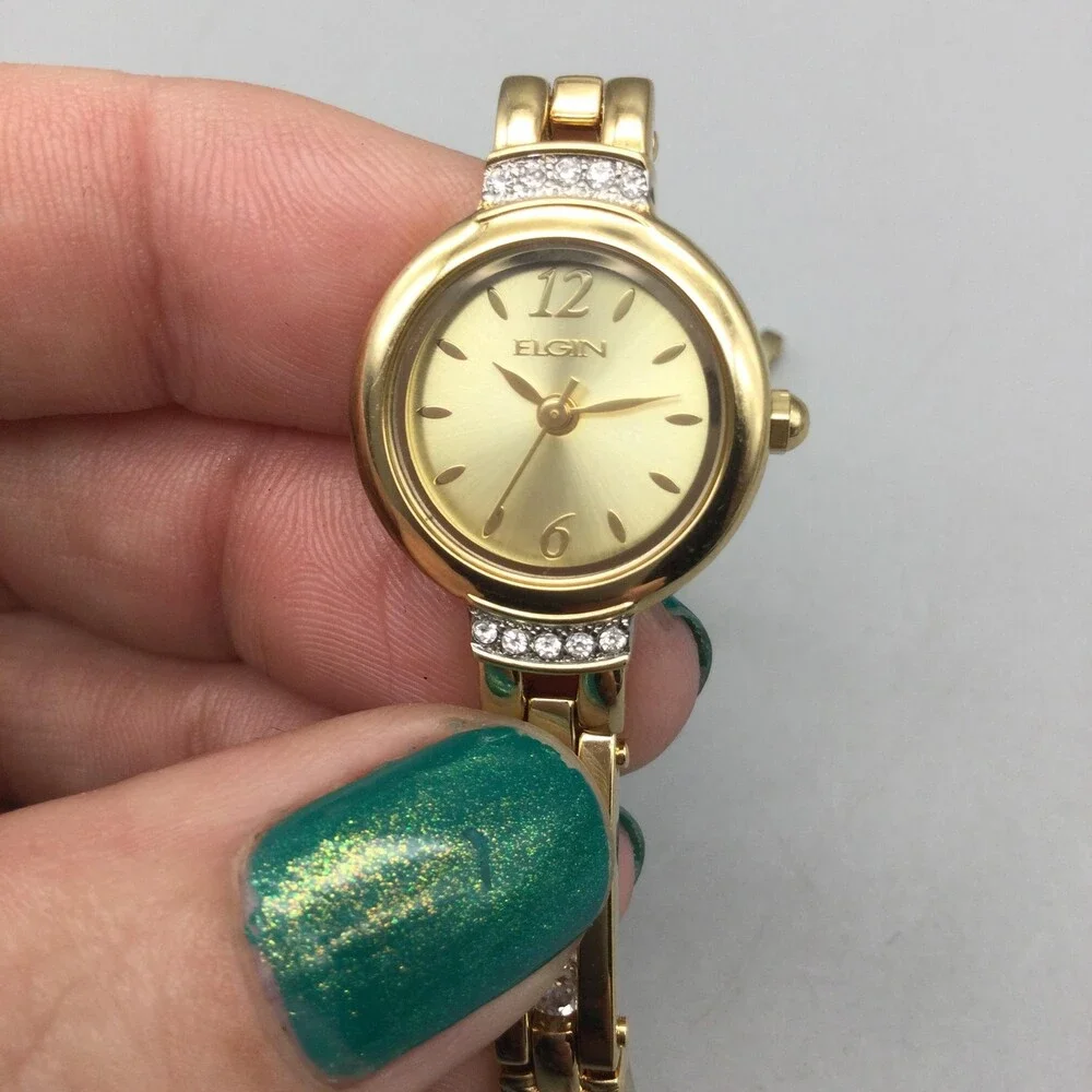 Elgin Womens Watch 20mm Gold Silver Tone Diamond Bracelet New Battery 8.25