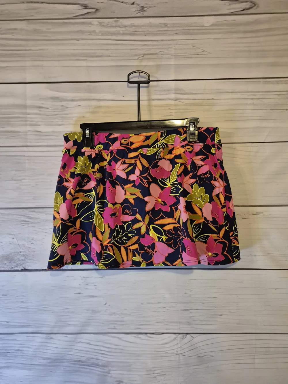 Lands' End Navy Swim Skirt with Pink & Yellow Tropical Floral Print 12 Petite