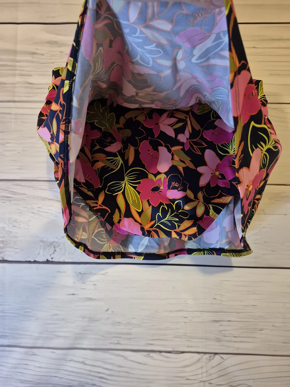 Lands' End Navy Swim Skirt with Pink & Yellow Tropical Floral Print 12 Petite