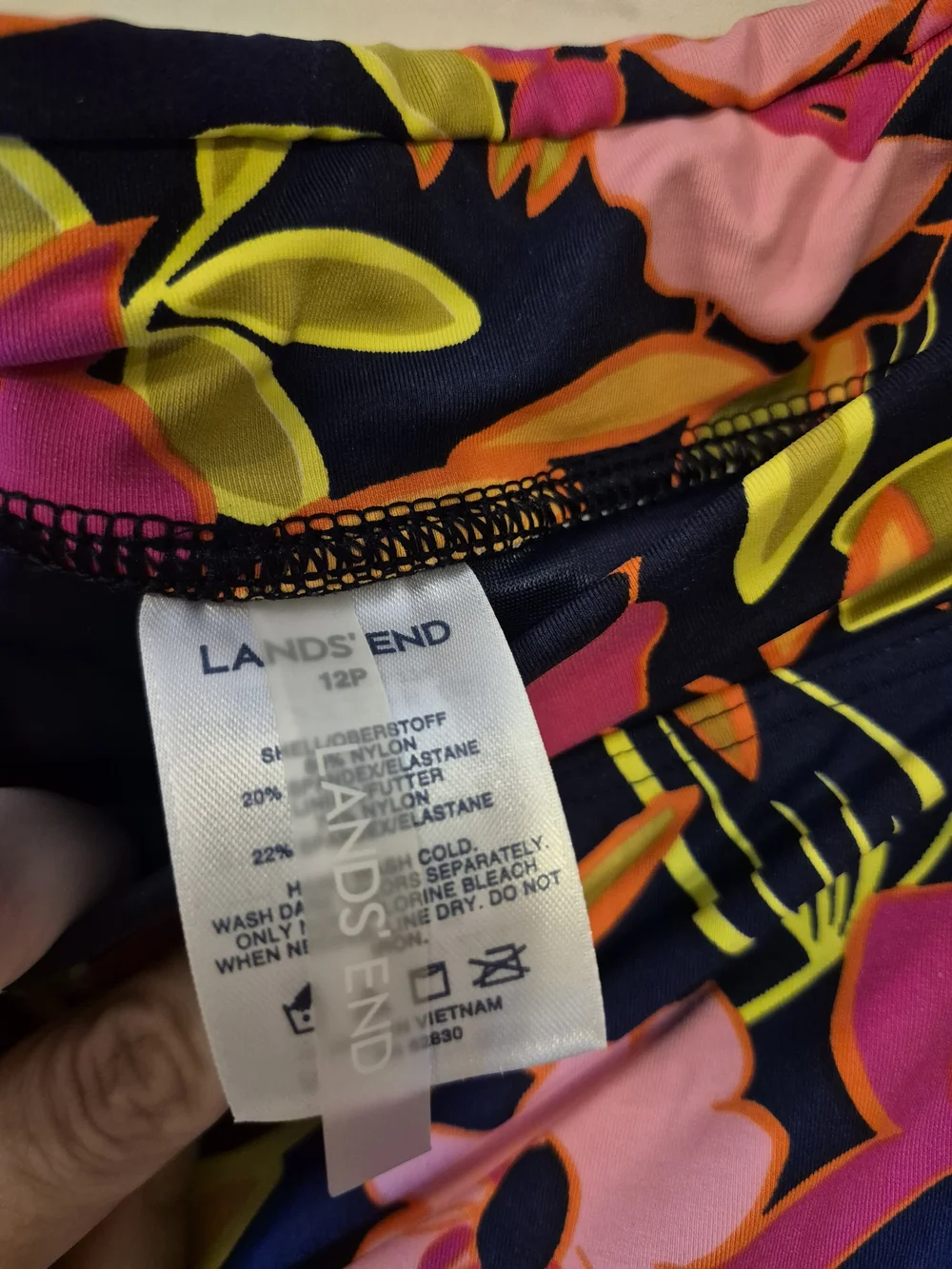 Lands' End Navy Swim Skirt with Pink & Yellow Tropical Floral Print 12 Petite