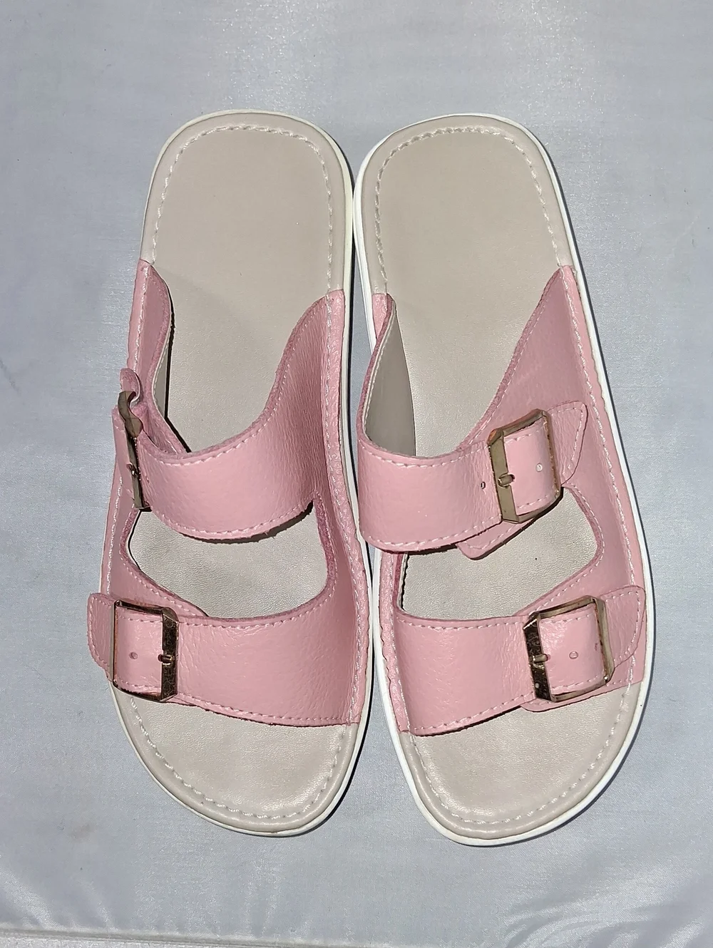 Pink and white 2 strap sandals, size 7
