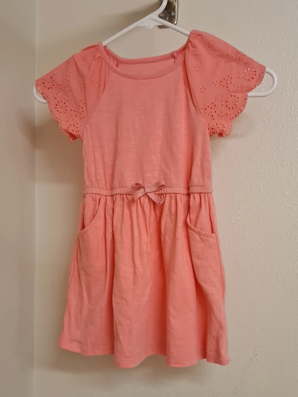 Cat & Jack Coral Eyelet Sleeve Dress with Waist Bow