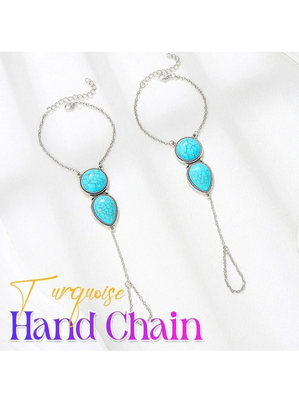 Anthropologie Turquoise and Silver color Hand Chain & Ring Set