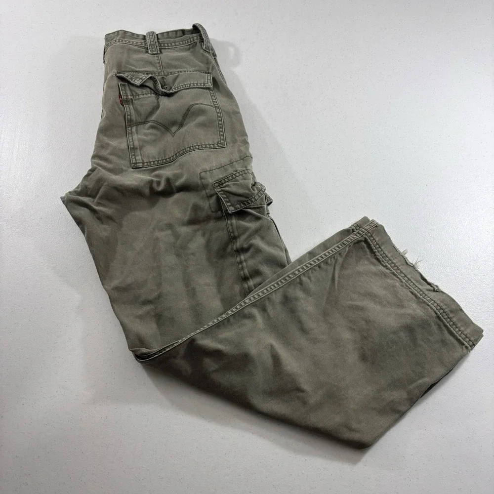 VTG Y2K Levis Mens Cargo Pants Army Green Workwear Grunge Flap Pocket 32x29 READ