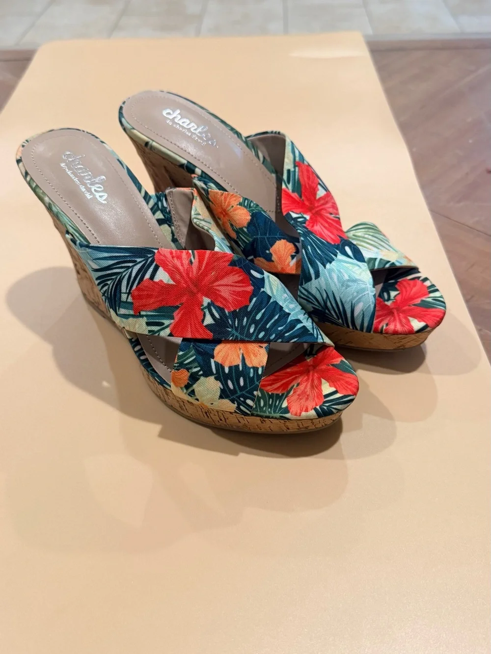 Charles David Floral Cork Wedge Sandals in Red, Orange, Navy