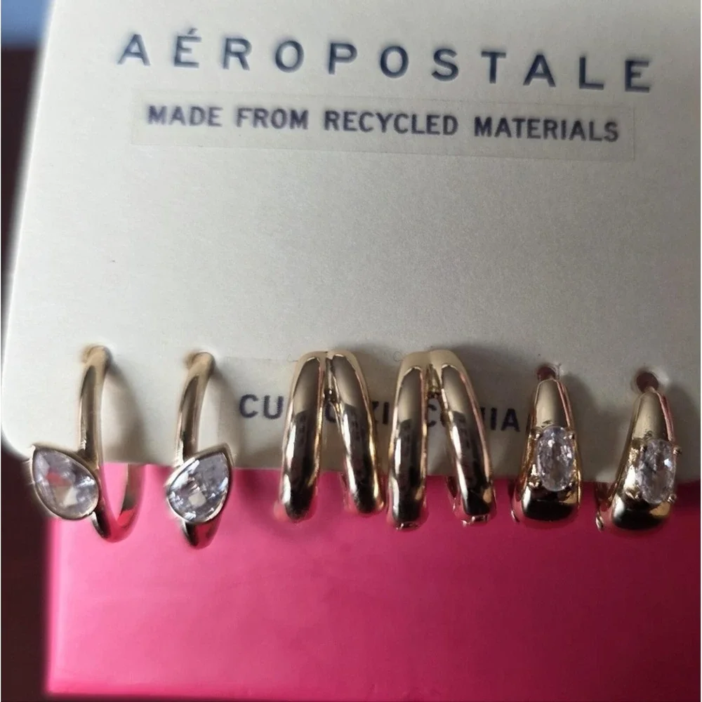 Aeropostale Gold Tone Cubic Zirconia Earring Set‎ 3 Pairs Y2K classic small