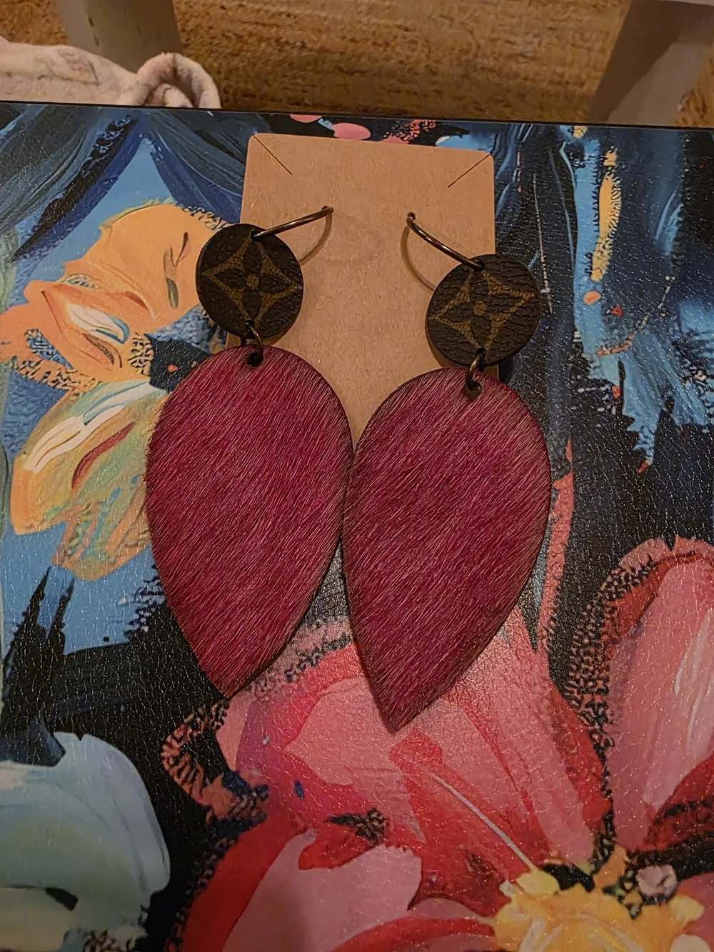 Handmade Pink Teardrop Leather & Patterned Disc Earrings