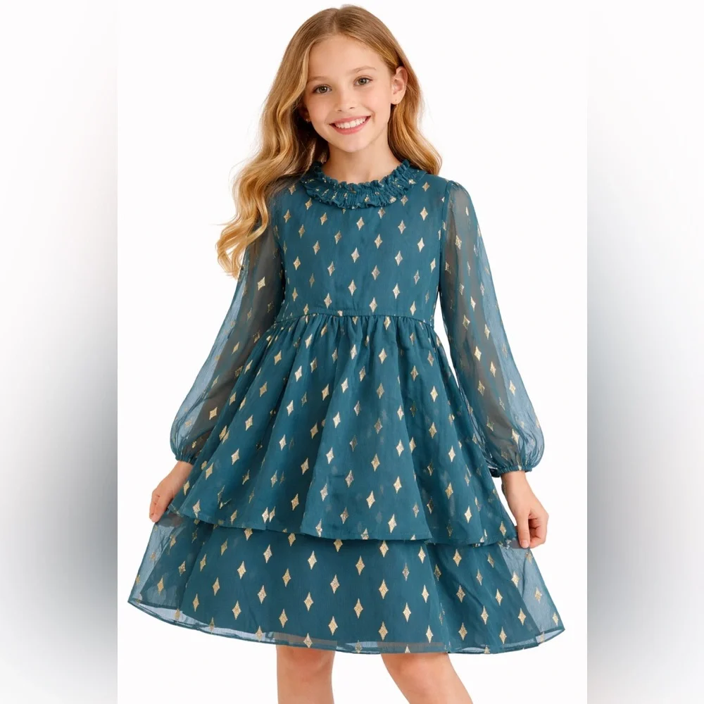 NWOT, Elegant Kids Dress in Teal with Gold Patterns