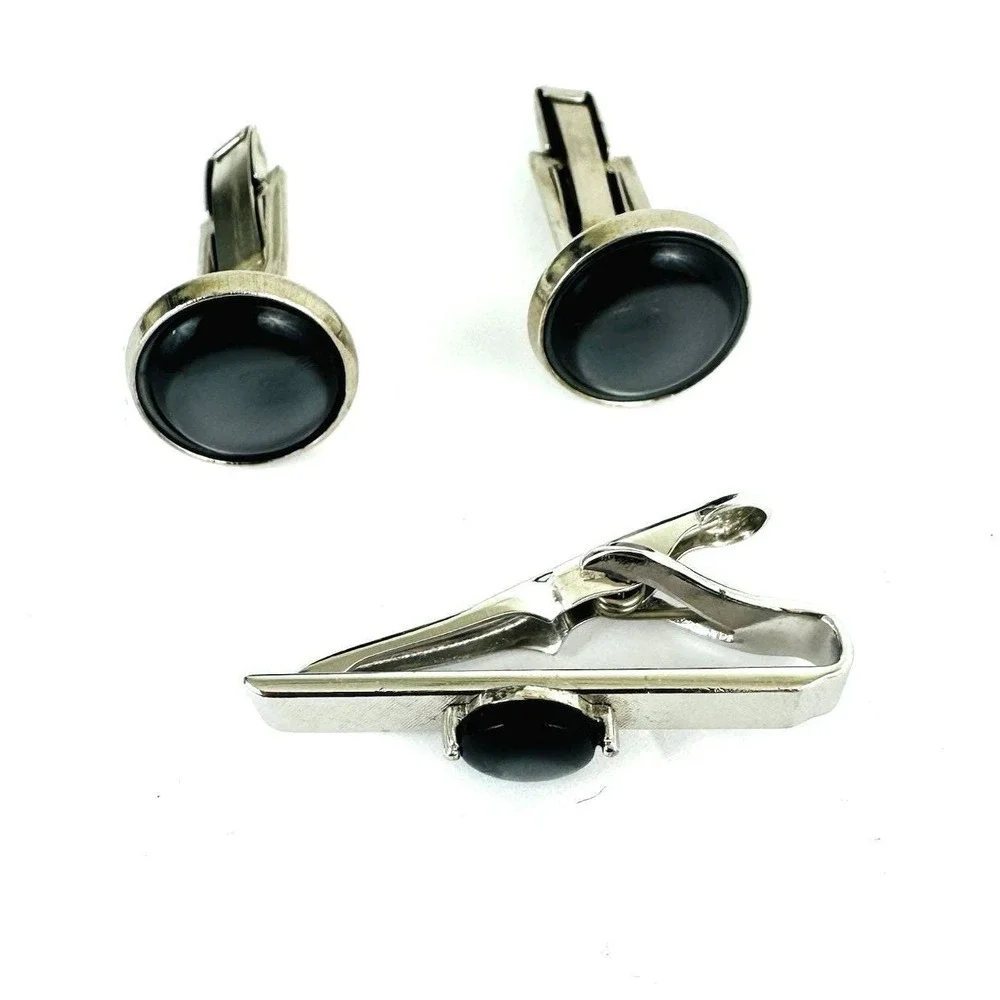 Swank Mens Vintage Silver Tone‎ Black Cabochon Cufflinks and Tie Clip Set MCM
