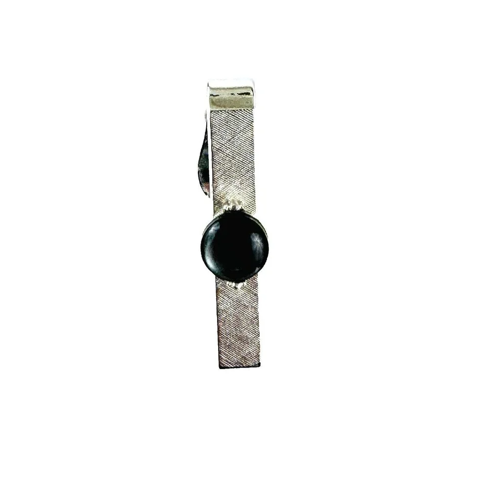 Swank Mens Vintage Silver Tone‎ Black Cabochon Cufflinks and Tie Clip Set MCM