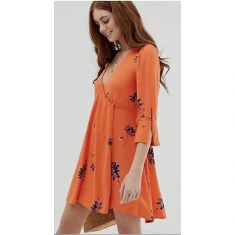 NWT Free‎ People Red Combo Floral Print V Neck Mini Dress Size S Orange