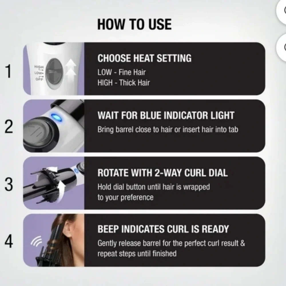 KISS InstaWave Deluxe Automatic Curler Ceramic Ionic Rotating Hair‎ Wand White