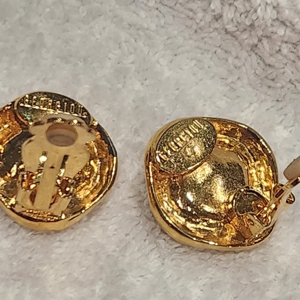 Vintage Georgiou Gold‎ Tone Smoky Brown Crystal Clip On Earrings Chunky Square
