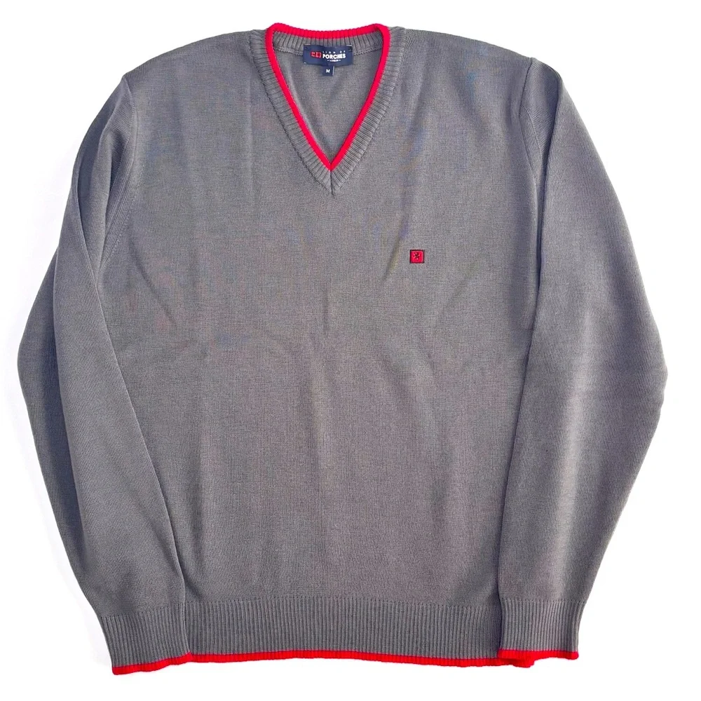 Lion of Porches‎ London Gray Wool V-Neck Sweater with Red Accents Medium