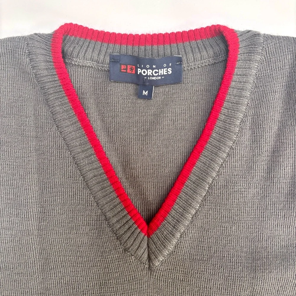Lion of Porches‎ London Gray Wool V-Neck Sweater with Red Accents Medium