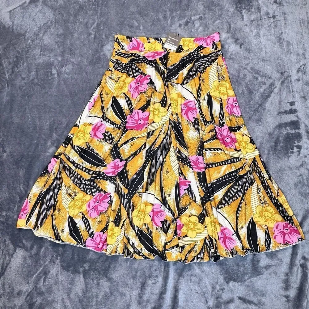Emily Stacy Sz L Floral Elastic Waist Skirt Polyester Pull On Colorful A-Line