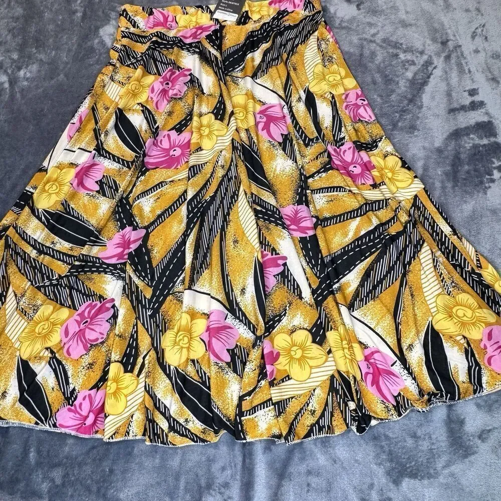 Emily Stacy Sz L Floral Elastic Waist Skirt Polyester Pull On Colorful A-Line