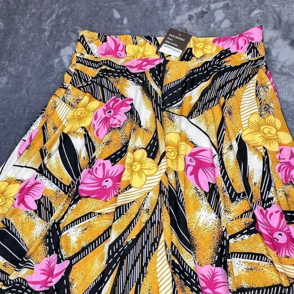 Emily Stacy Sz L Floral Elastic Waist Skirt Polyester Pull On Colorful A-Line