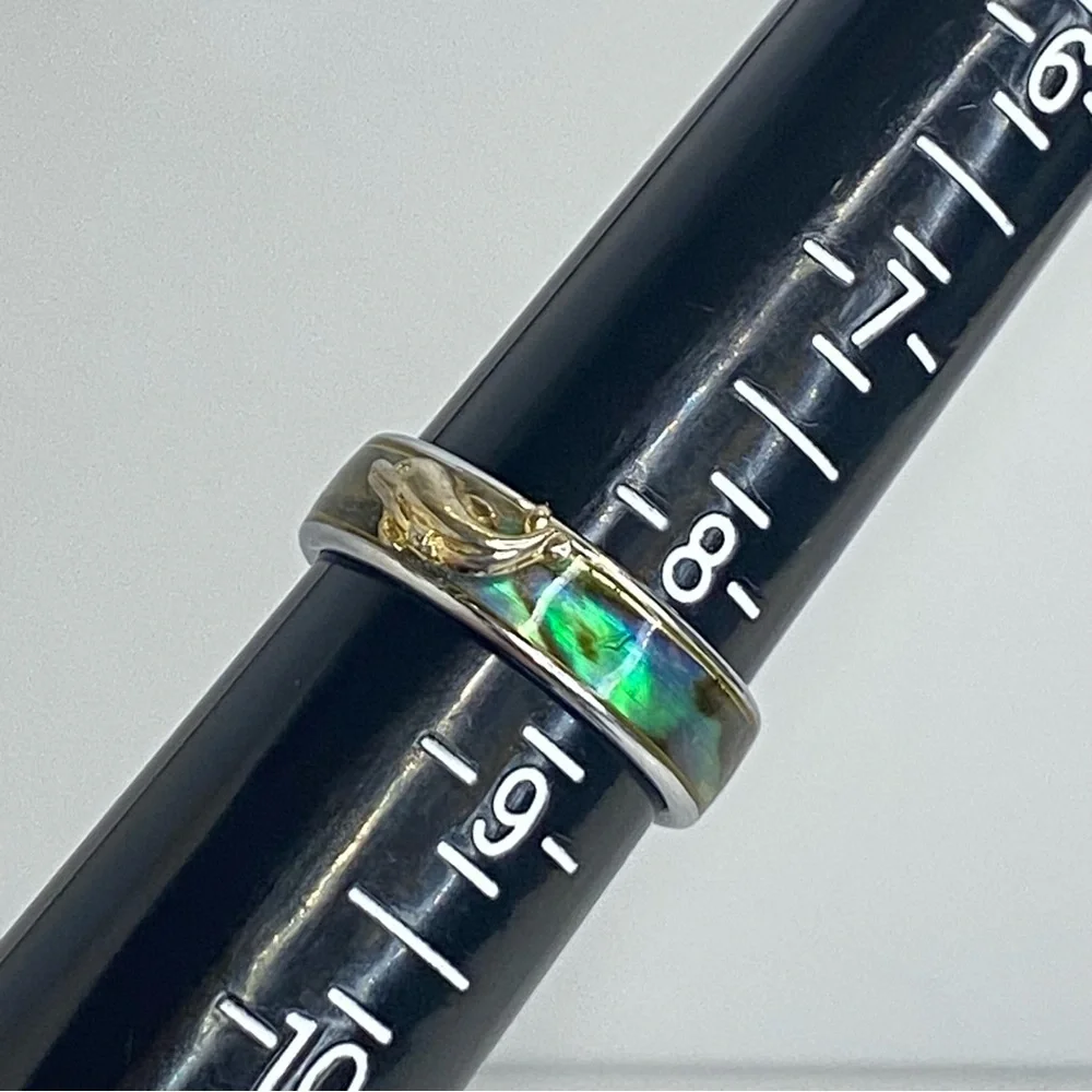 Vintage‎ Silver Tone Dolphin Green Blue Abalone Mother of Pearl Shell Band Ring