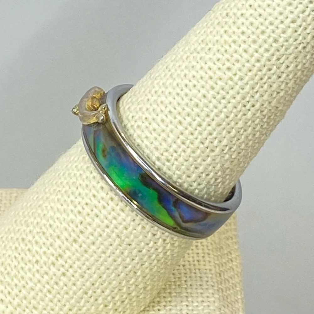 Vintage‎ Silver Tone Dolphin Green Blue Abalone Mother of Pearl Shell Band Ring