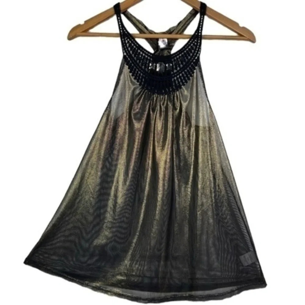 Free People Embellished Sheer‎ Metallic Racerback Tank Top Black Gold Rhinestone