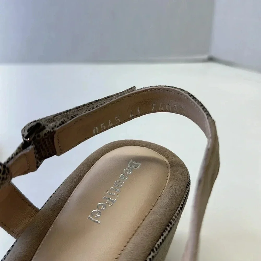 BeautiFeel Gwen Wedge Sandals Open Toe Shoes Ankle Strap Suede Tan Snake 41 10.5