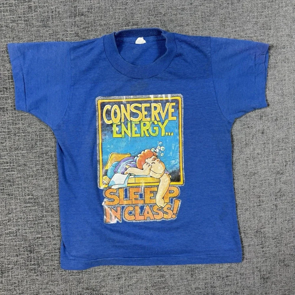 Kids Vintage 1980s Conserve Energy Sleep In Class T Shirt Blue Sz 10-12 Made USA