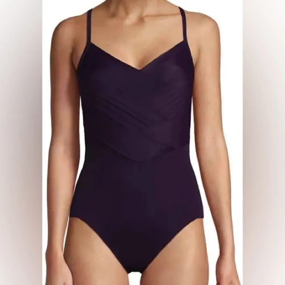 Land's EndX Back Pleated One Piece Swimsuit Various Soft Cup BlackBerry Various
