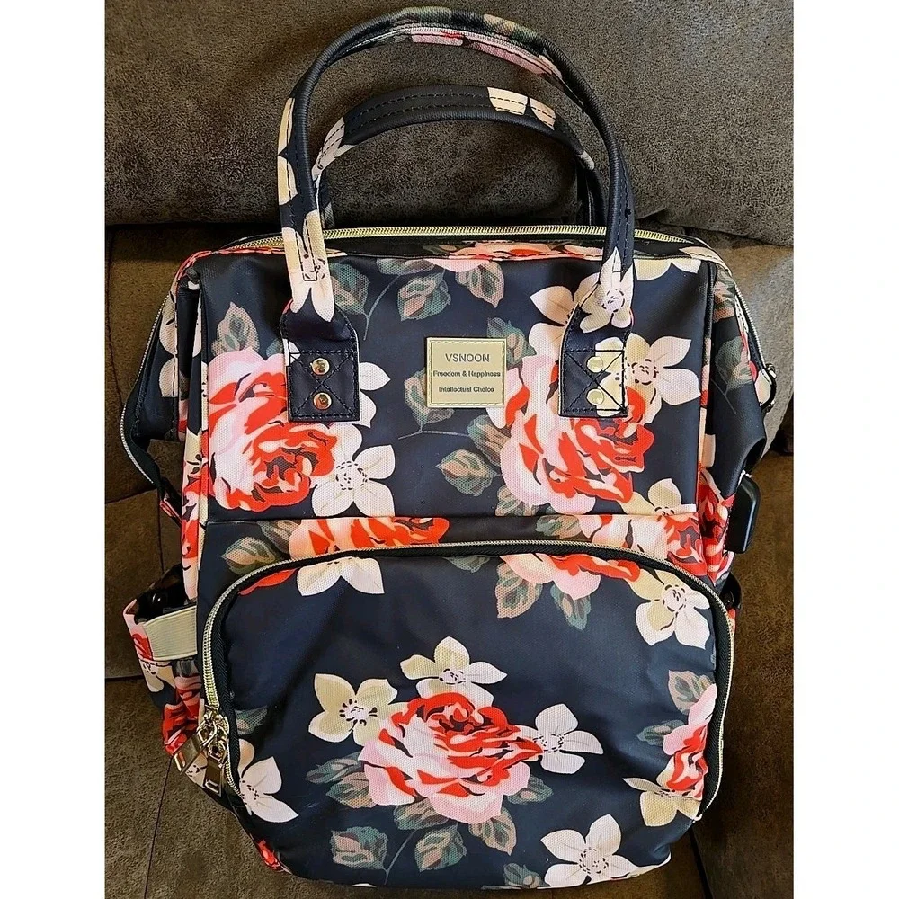 Black Floral Diaper Bag Backpack USB Opening RFID Travel Laptop Organizer Bag