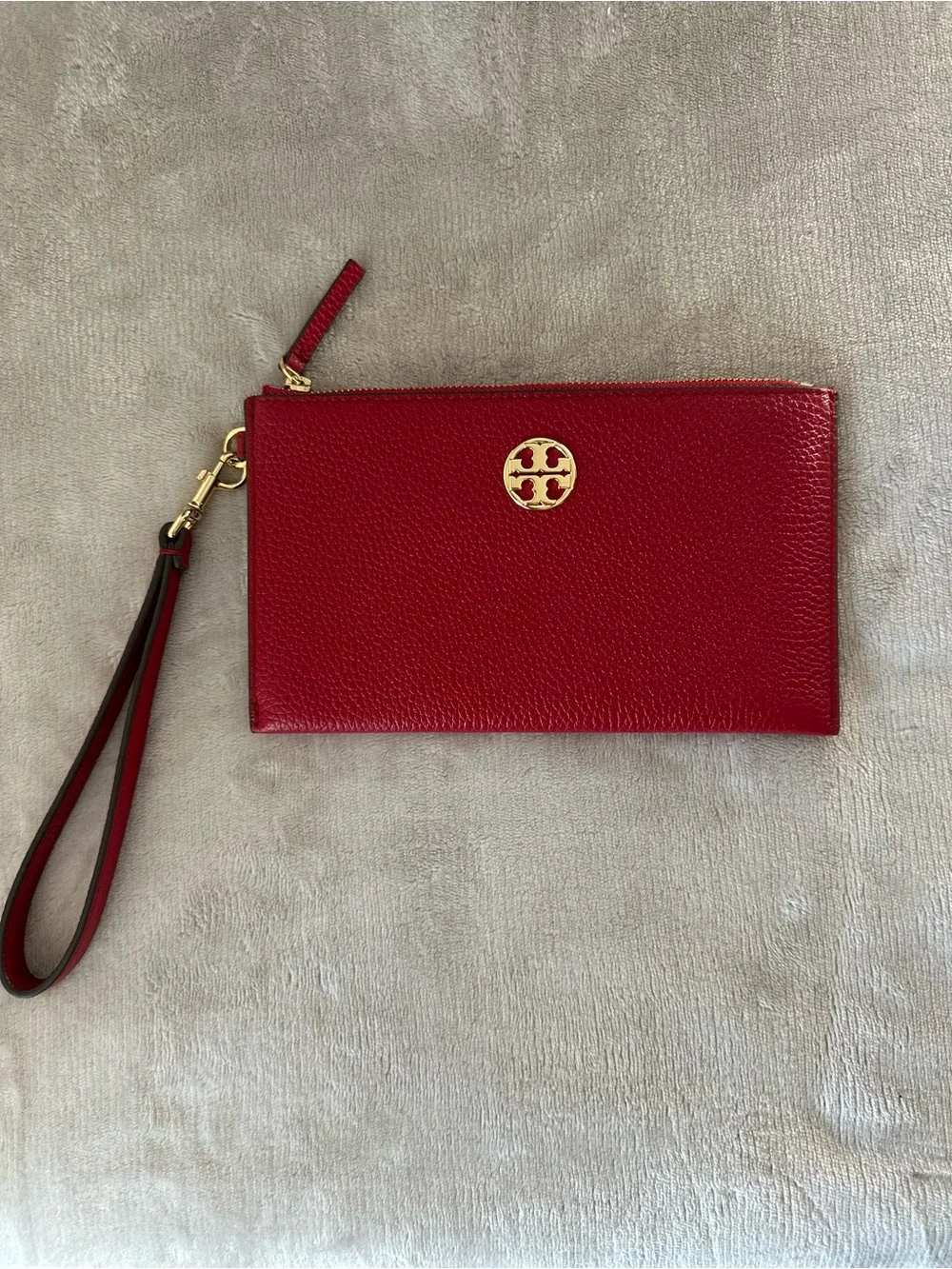 Tory Burch Red Pebbled Leather Wristlet with Gold Logo