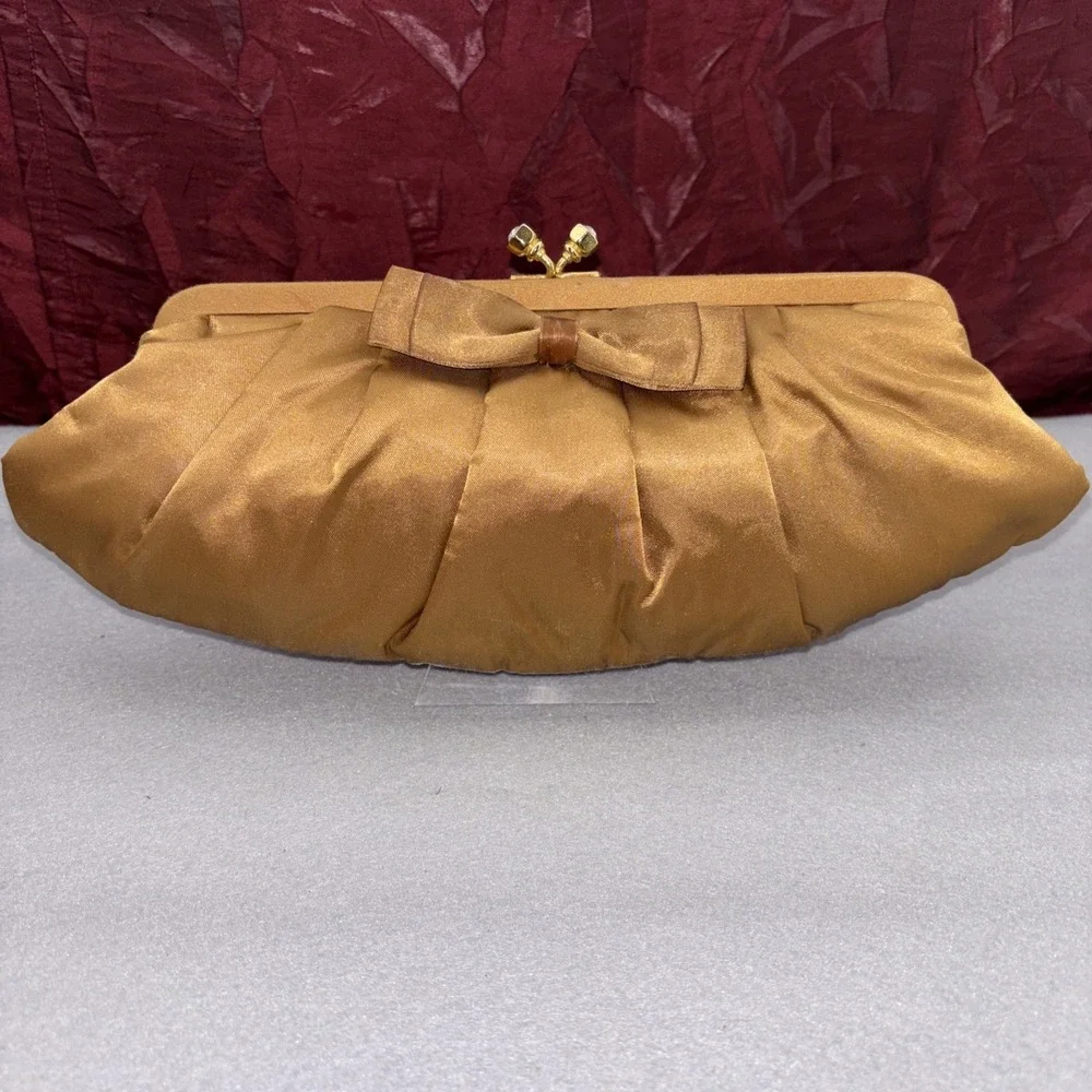 Valerie Stevens Gold Satin Duel Strap Clutch Purse Bow Rhinestone Kiss Lock EUC