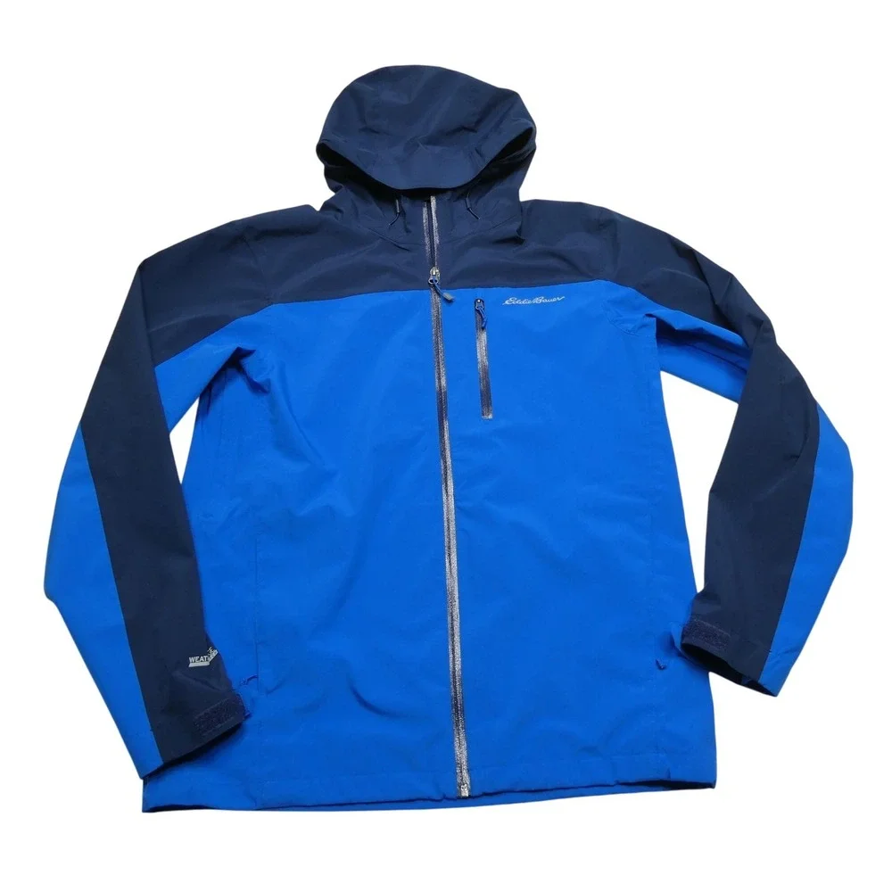 Eddie Bauer Jacket Mens Medium Blue WeatherEdge Stretch Hooded‎ Waterproof Zip