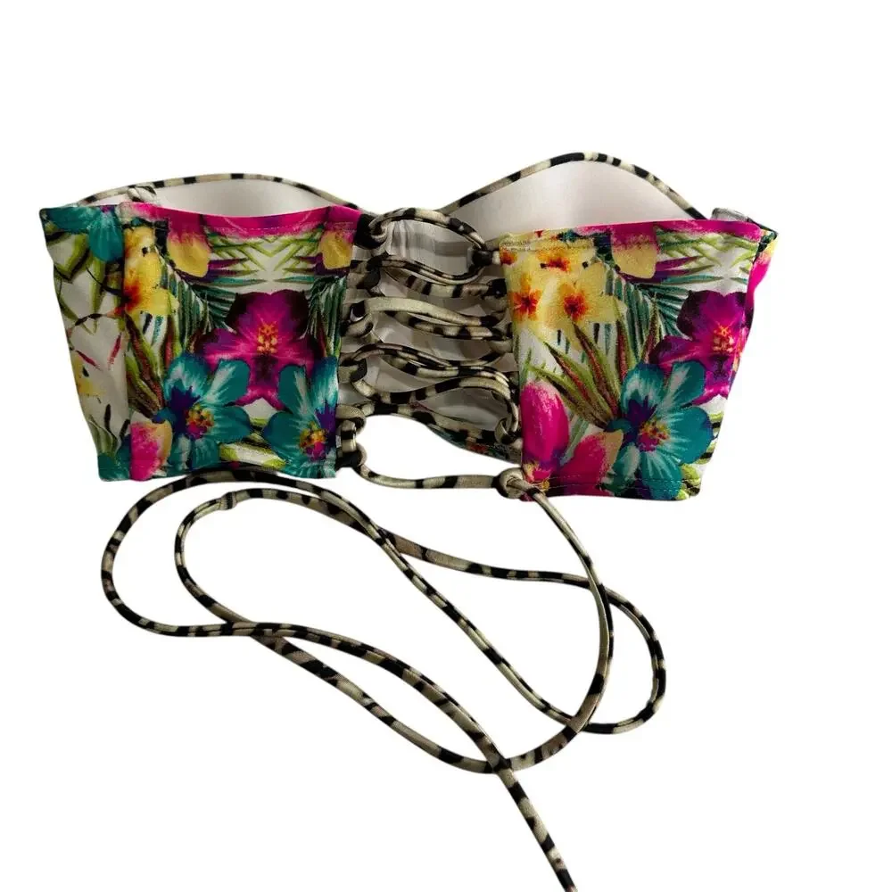 Victoria’s Secret Tropical Floral Leopard Print Bustier Bra Top 34A Strapless