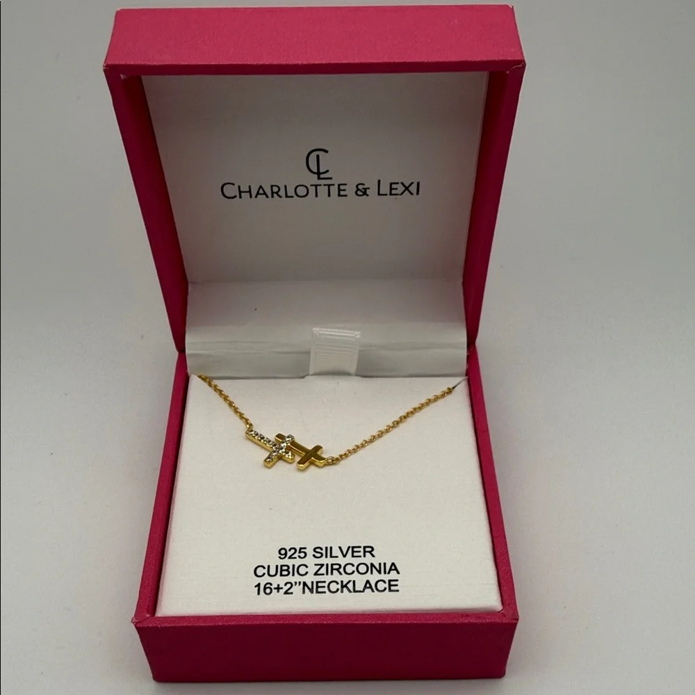 Charlotte & Lexi 925 Silver Gold Colored Cubic Zirconia Double Cross Necklace