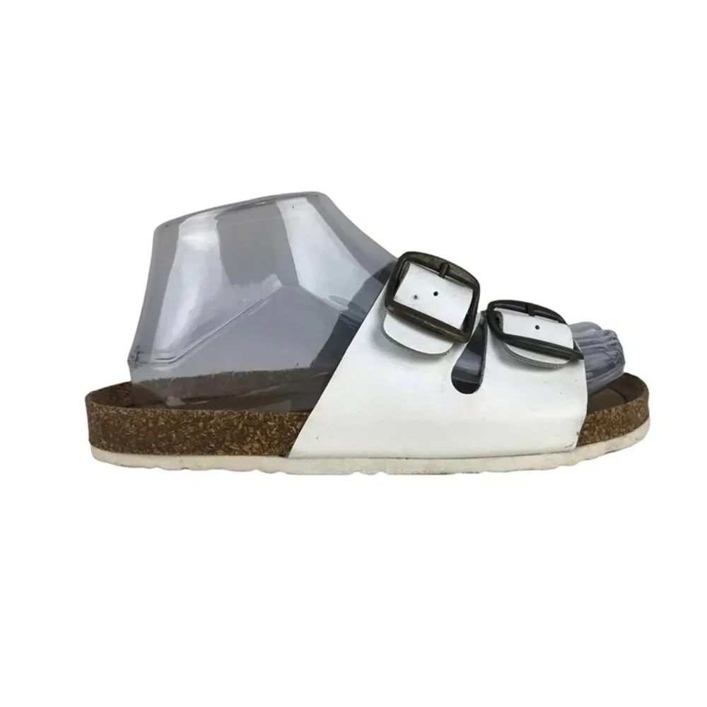 Euro Trekkers Womens White Brown Adjustable Strap Slip On Slide Sandals Sz US 7‎