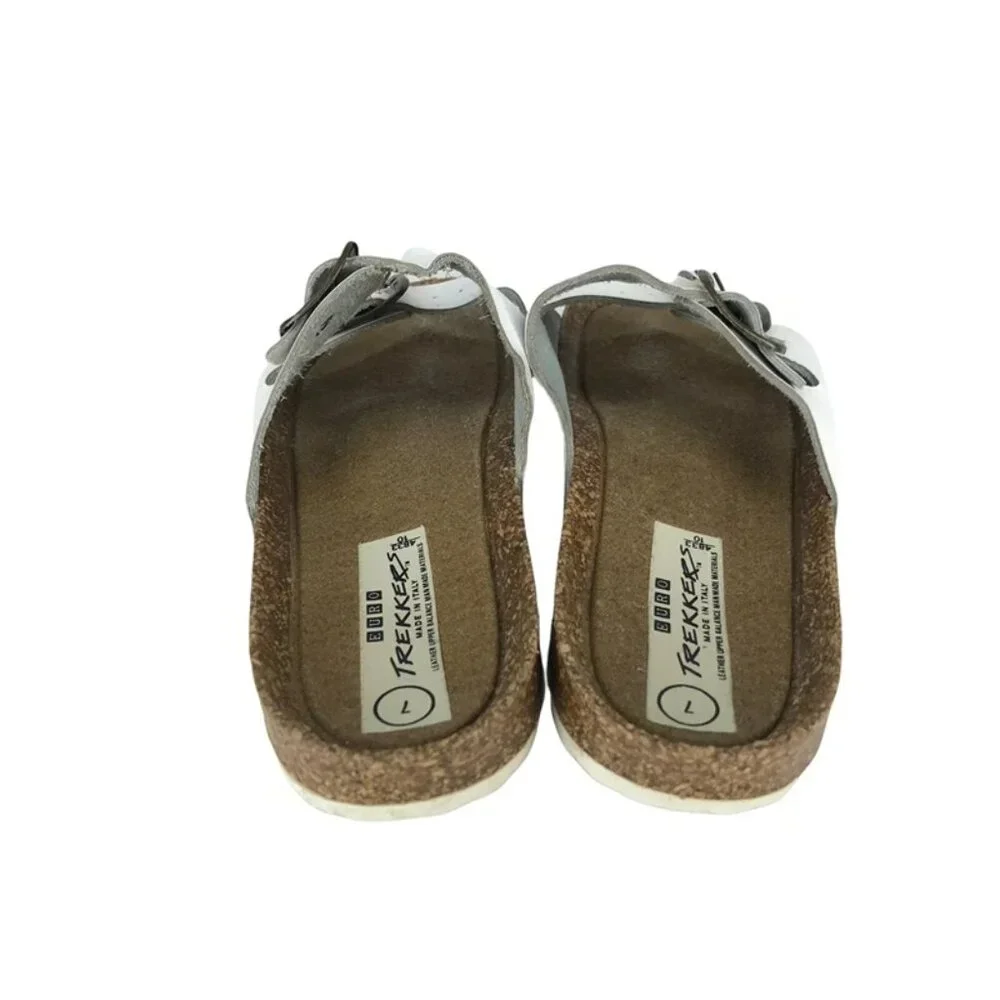 Euro Trekkers Womens White Brown Adjustable Strap Slip On Slide Sandals Sz US 7‎