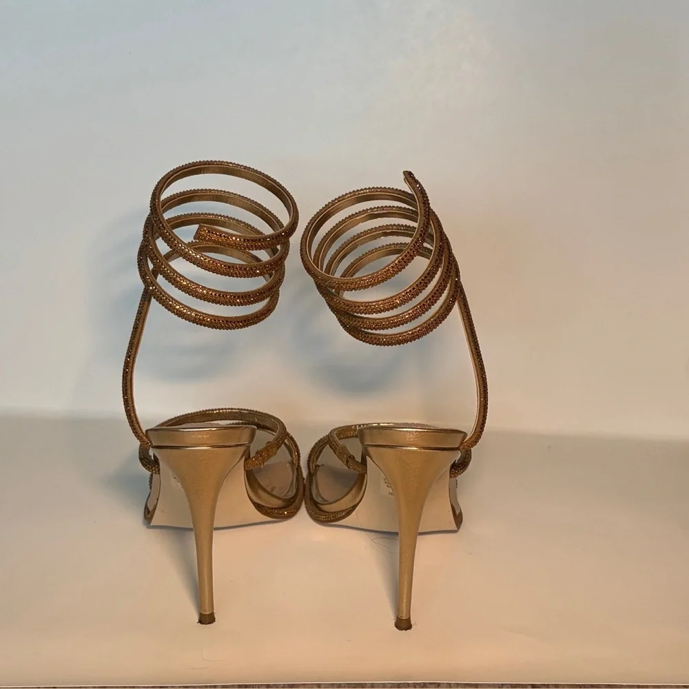 Steve Madden Heels Sandal Women 7.5 Gold Exotica Spiral Rhinestone Wrap Stiletto