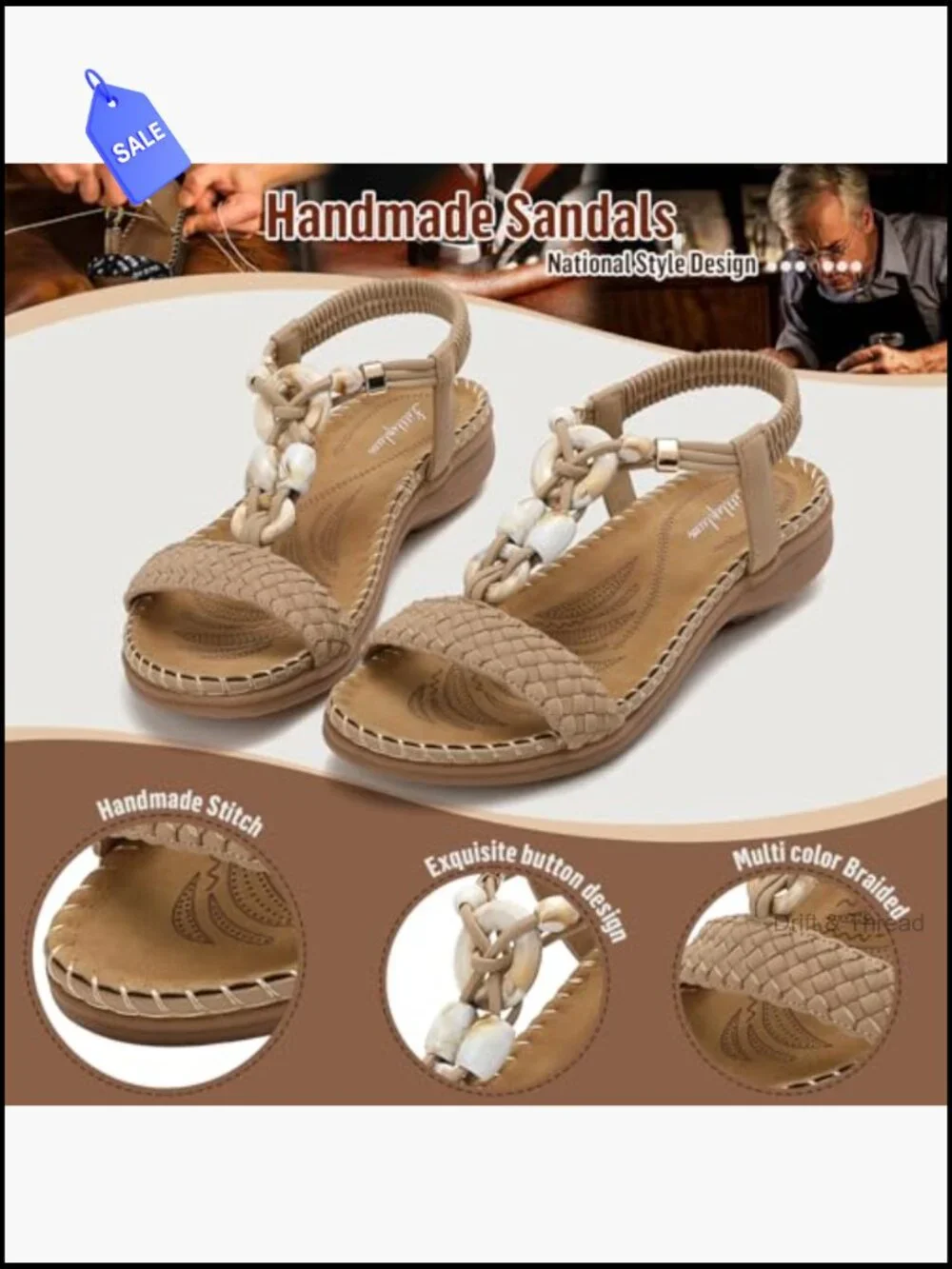 Women's Flat Sandals, Arch Support, Bohemian Braided, Comfort Walking