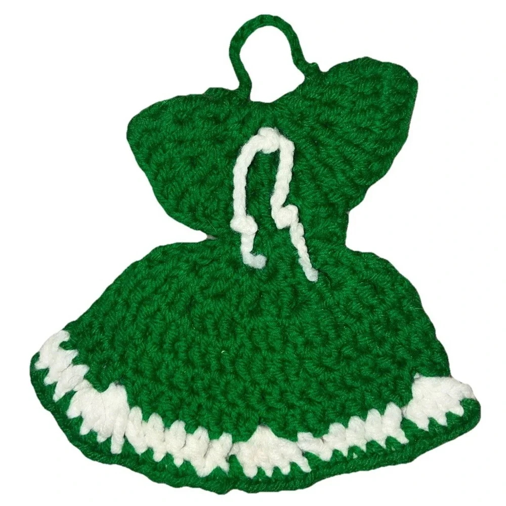 Potholder‎ Crocheted Dress Handmade Crochet Hot Pad Trivet Wall Decor Green NEW