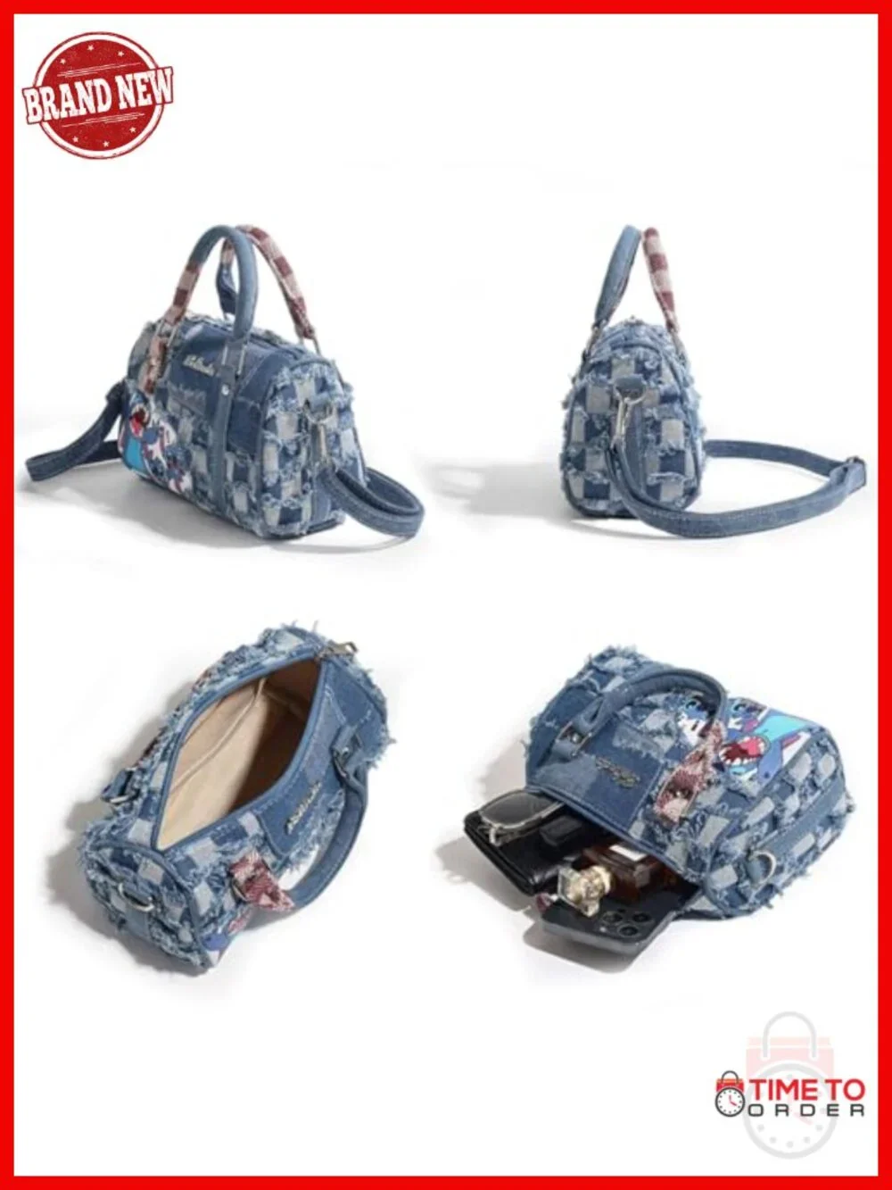 Cartoon Denim Shoulder Bag Crossbody With Detachable Strap