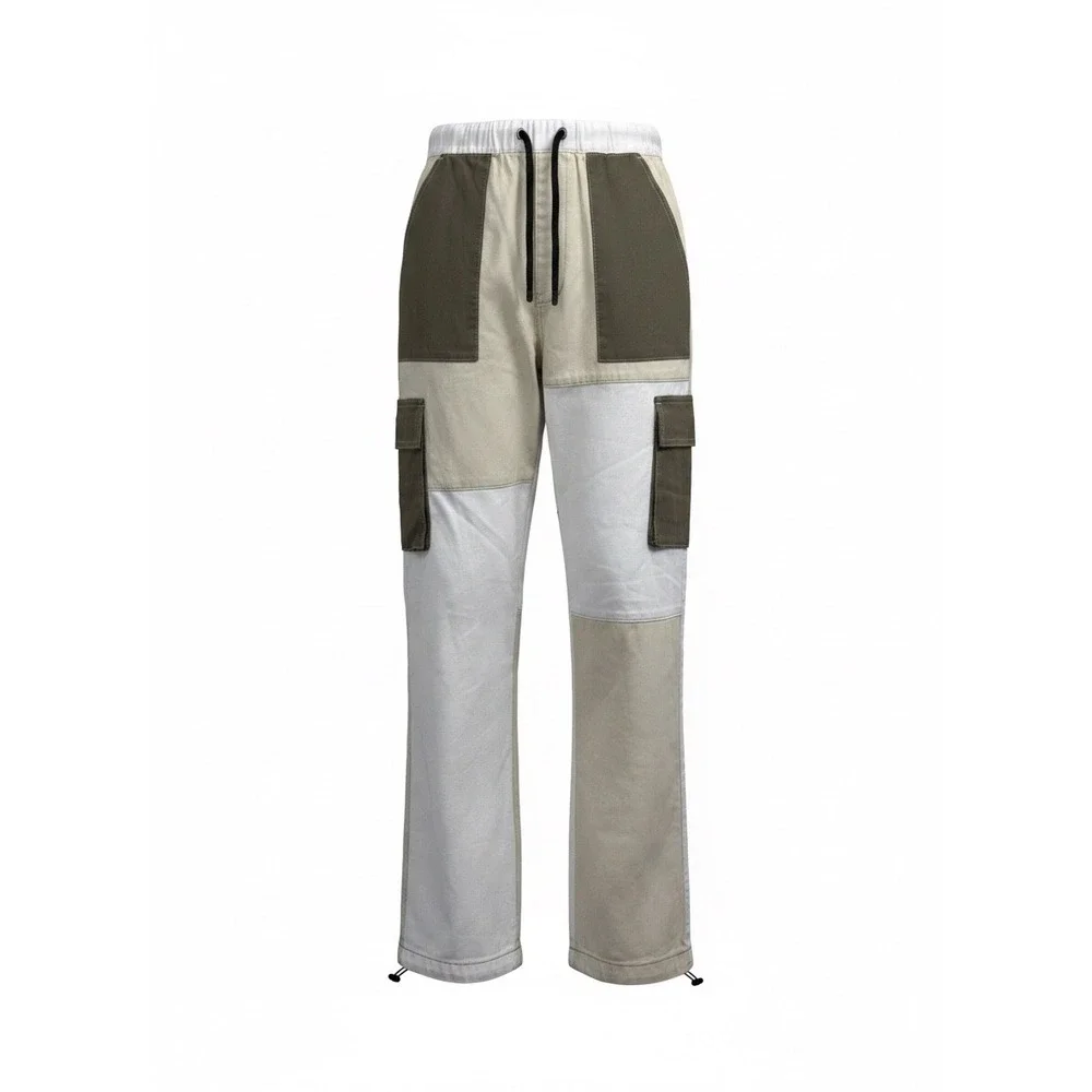 Bershka Colorblock Cargo Pants Mens Small Beige White Patchwork Utility Trousers